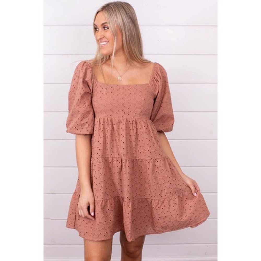 NWT By Together Women's Terracotta Tiered Mini Dress Puffy Sleeve‎ Lined Size L